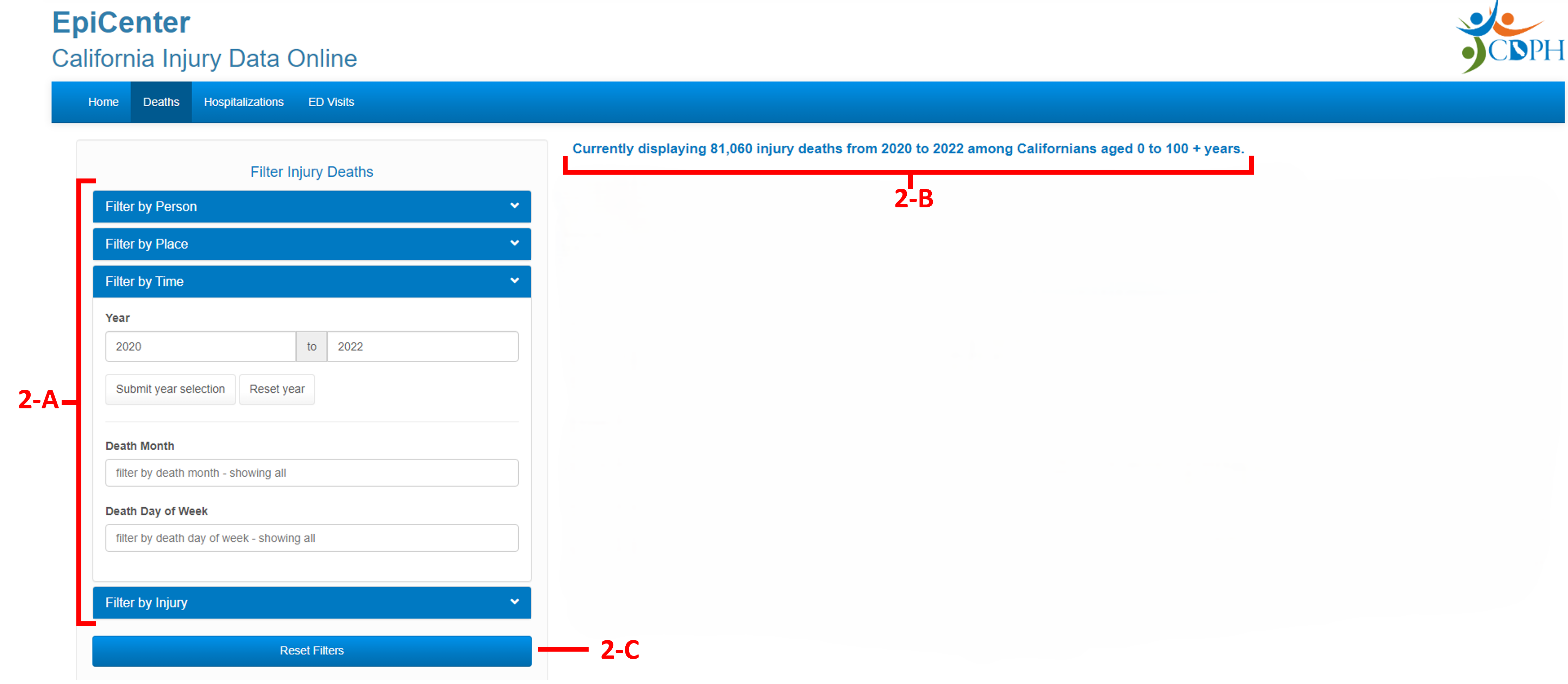 Figure 2: Filter injury data. Screenshot of EpiCenter Deaths tab. the filter injury deaths tab section is labeled A. The data filter output text is labeled B. The Reset Filters button is labled C.