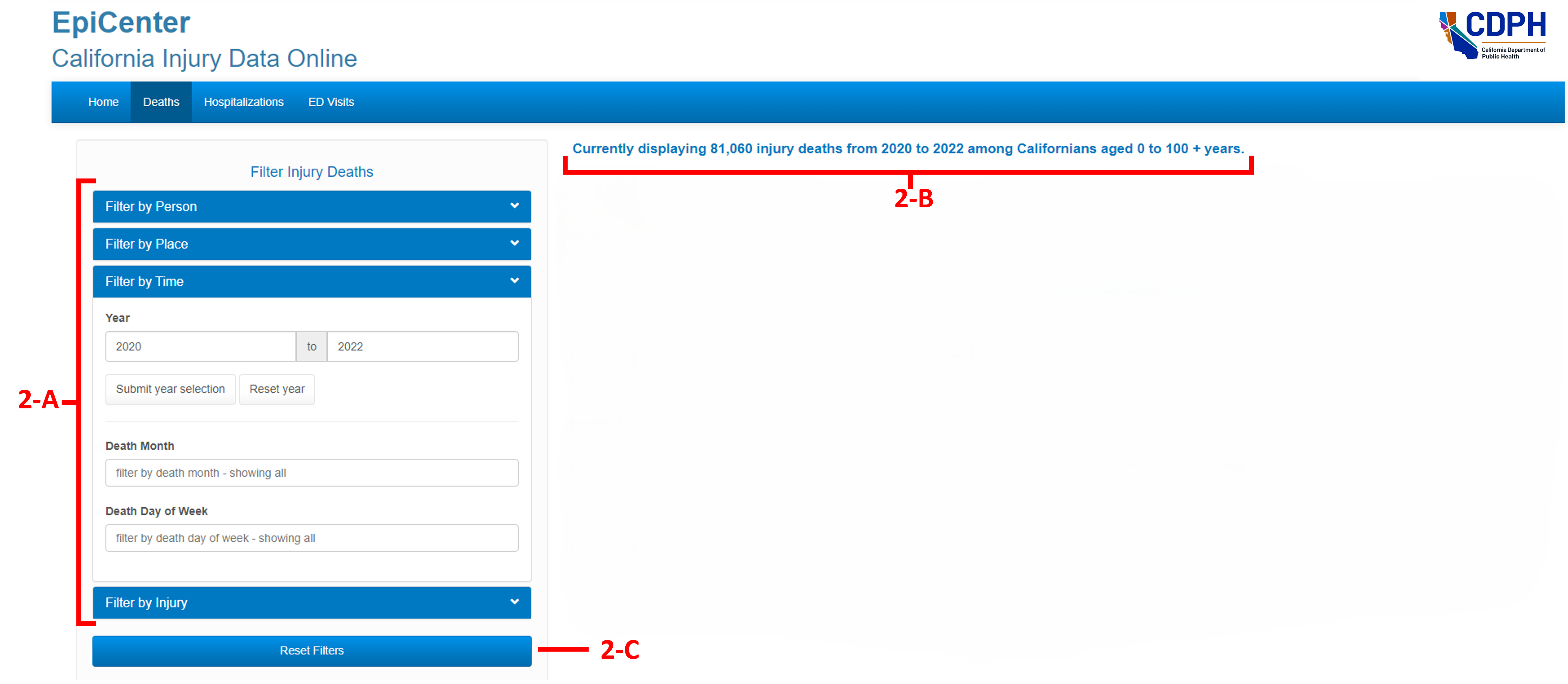 Figure 2: Filter injury data. Screenshot of EpiCenter Deaths tab. the filter injury deaths tab section is labeled A. The data filter output text is labeled B. The Reset Filters button is labled C.